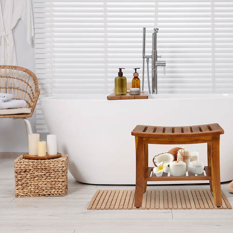 onncom Acacia Shower Bench with Shelf 21 Inch