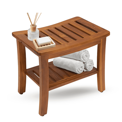 onncom Acacia Shower Bench with Shelf 21 Inch