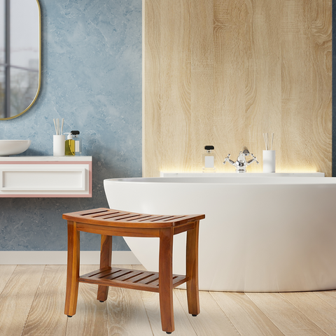 onncom Acacia Shower Bench with Shelf 21 Inch
