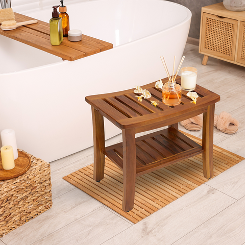 onncom Acacia Shower Bench with Shelf 21 Inch