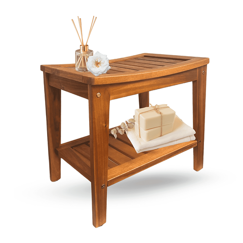 onncom Acacia Shower Bench with Shelf 21 Inch